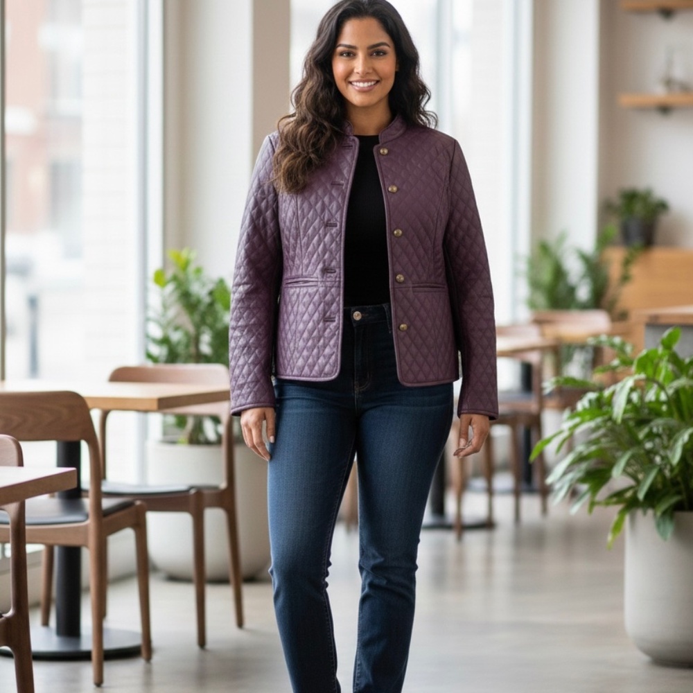 Isaac Mizrahi Live Jacket Womens 1X Plum Quilted Genuine Leather NWT